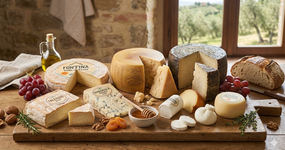 Scaffali con diversi formaggi stagionati.