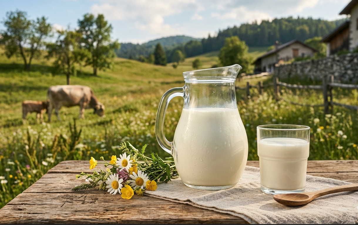Brocca e bicchiere di latte.